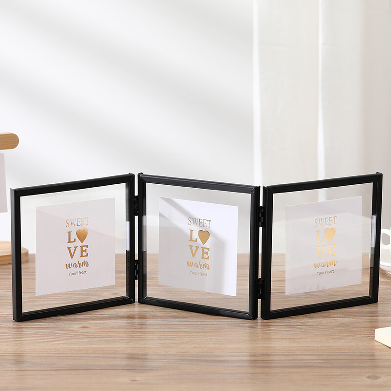 1 ramă foto pliabilă cu triptic din metal, cadru foto transparent acrilic auriu negru, ramă foto pentru afișaj de perete și de masă