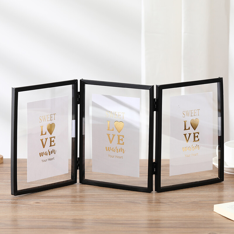 1 ramă foto pliabilă cu triptic din metal, cadru foto transparent acrilic auriu negru, ramă foto pentru afișaj de perete și de masă