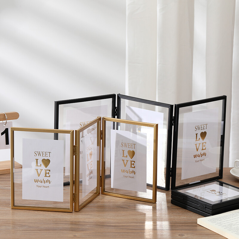 1 ramă foto pliabilă cu triptic din metal, cadru foto transparent acrilic auriu negru, ramă foto pentru afișaj de perete și de masă