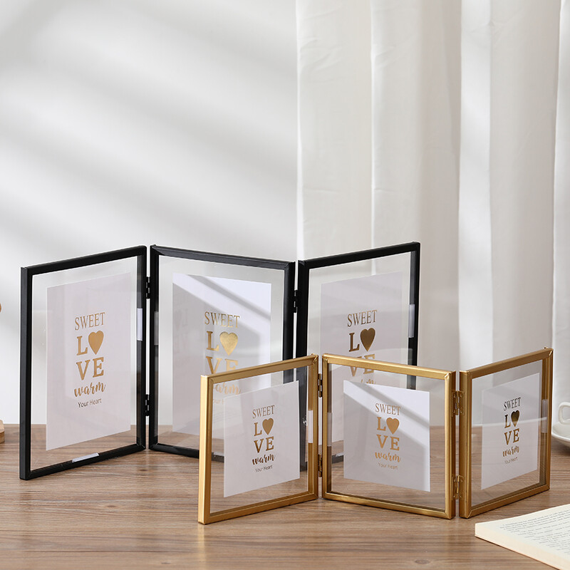 1 ramă foto pliabilă cu triptic din metal, cadru foto transparent acrilic auriu negru, ramă foto pentru afișaj de perete și de masă