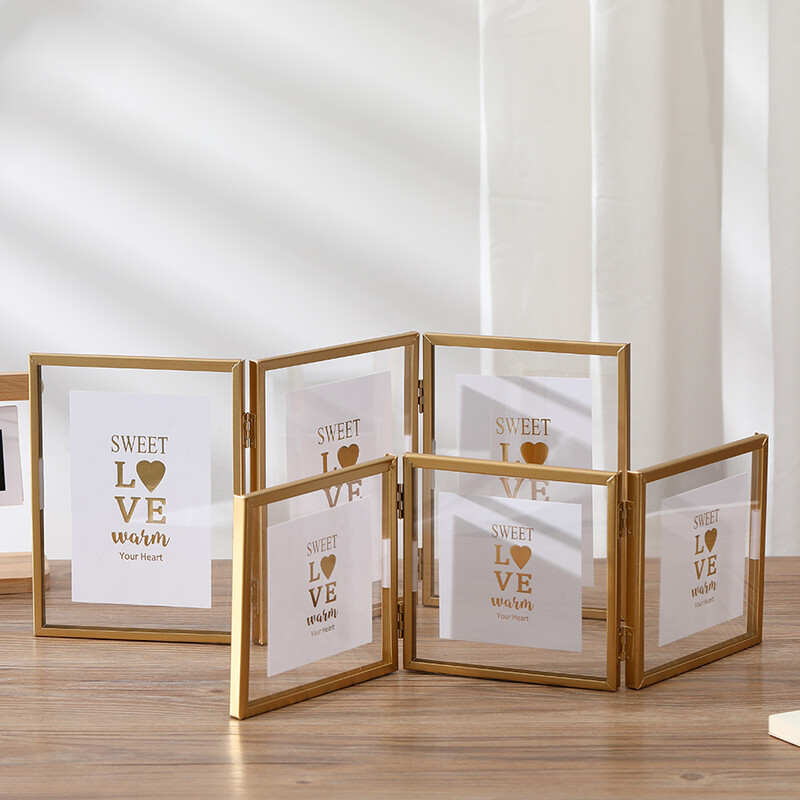 1 ramă foto pliabilă cu triptic din metal, cadru foto transparent acrilic auriu negru, ramă foto pentru afișaj de perete și de masă