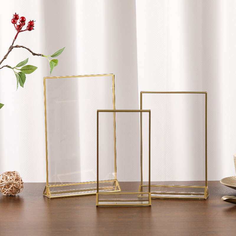 Cadru de culoare aurie Acrilic pentru semne de nuntă Afișare Placă cu număr de petrecere Masa de restaurant Suport pentru meniu Suporturi transparente pentru carduri