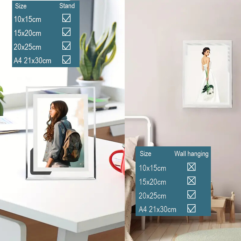 Ramă foto din sticlă de cristal Argintiu în oglindă 10X15 15X20 20X25cm Ramă certificat A4 Ramă foto pentru poze Cadou comemorativ