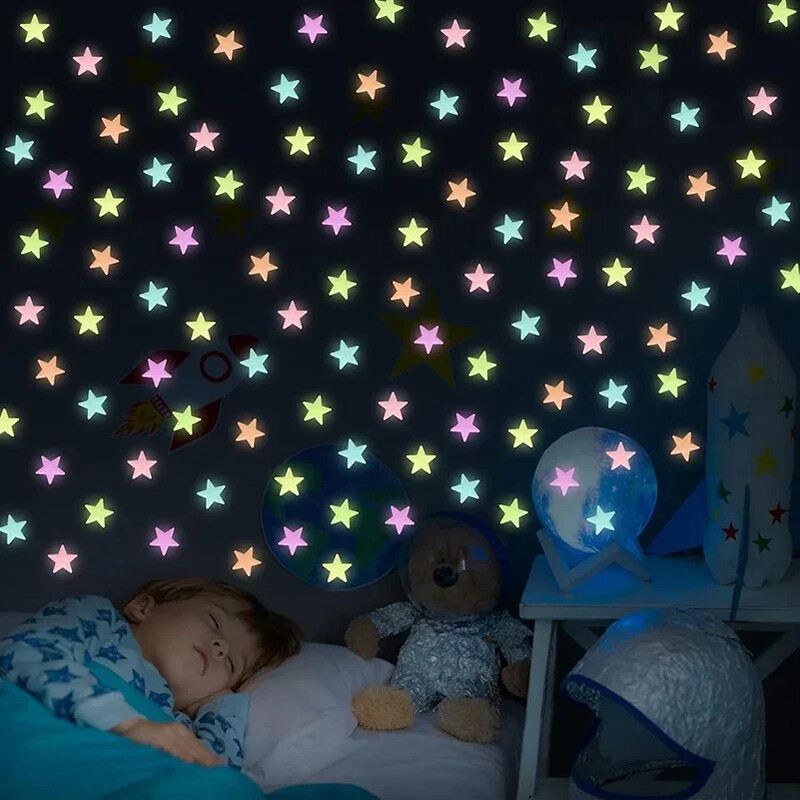 50/1000 de bucăți autocolante de perete cu stele care strălucesc în întuneric Decor adeziv 3D fluorescent luminos pentru tavanul dormitorului de acasă pentru copii