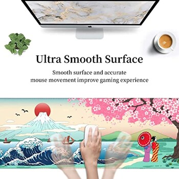 Japanese Wave Cherry Blossom Gaming Mouse Pad XL Large, αντιολισθητικό, λαστιχένιο, ραμμένο επιτραπέζιο άκρο 31,5X11,8