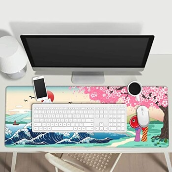 Japanese Wave Cherry Blossom Gaming Mouse Pad XL Large, αντιολισθητικό, λαστιχένιο, ραμμένο επιτραπέζιο άκρο 31,5X11,8