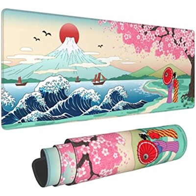 Japanese Wave Cherry Blossom Gaming Mouse Pad XL nagy, csúszásmentes gumi egérpad varrott élekkel asztali pad 31,5x11,8