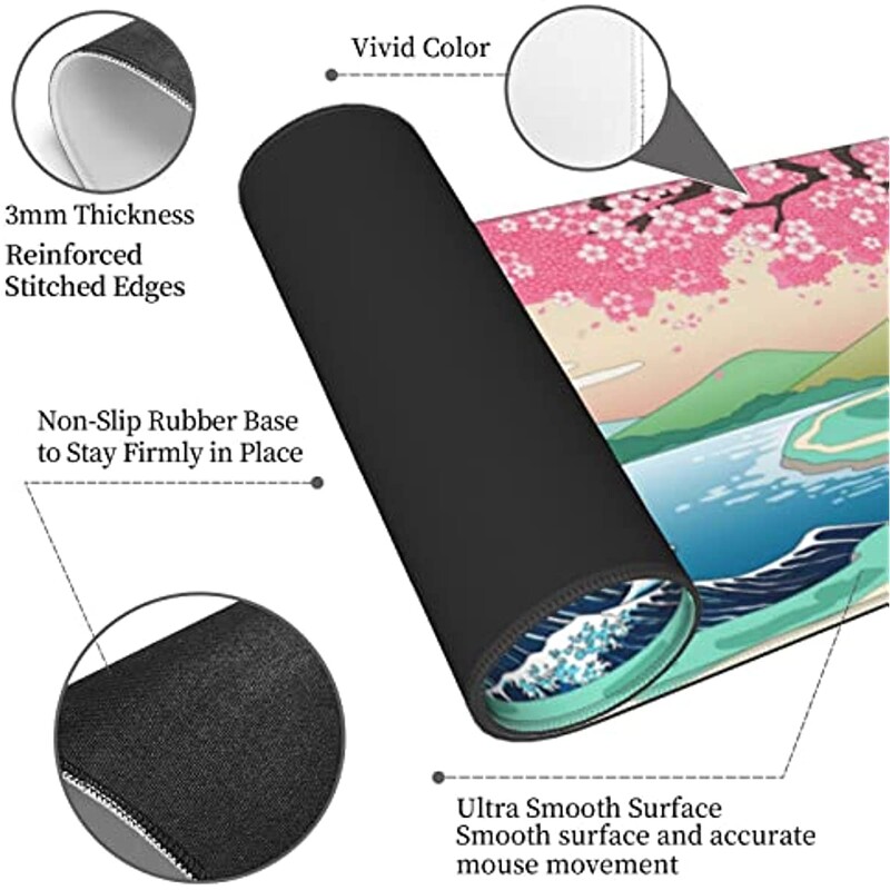 Tampă mouse-ul pentru jocuri cu flori de cireș japonez Wave XL Tampă de mouse mare, antiderapată, din cauciuc, cu margini cusute Tampă de birou 31,5X11,8