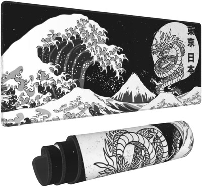 Japanese Tokyo Black and White Dragon Kanagawa Great Wave Sea Mouse Pad Egérpad Extended XL varrott élű gumitalp 31,5X11,8