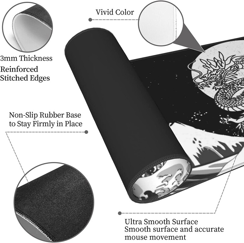 Japonez Tokyo Dragon alb-negru Kanagawa Great Wave Sea Mouse Pad Mousepad Extended XL Stitched Edge Rubber Talpa 31,5X11,8