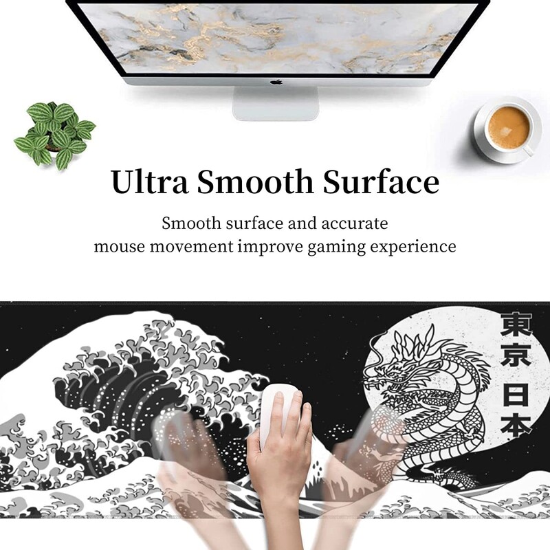 Japonez Tokyo Dragon alb-negru Kanagawa Great Wave Sea Mouse Pad Mousepad Extended XL Stitched Edge Rubber Talpa 31,5X11,8