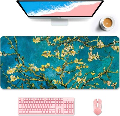 Teal Van Gogh Almond Tree XXL nagy egérpad, kiterjesztett játék egérpad, nagy irodai otthoni egérpad számítógépes billentyűzethez, laptophoz