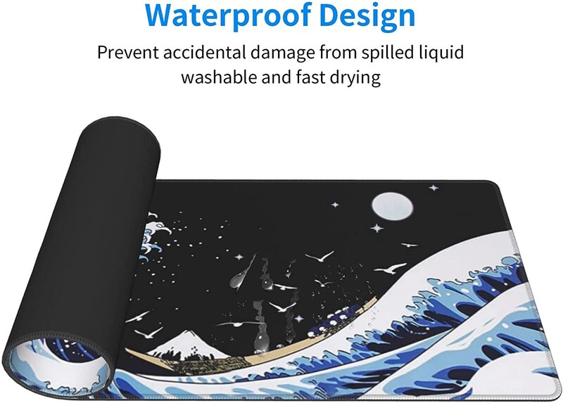 Tampă mouse-ul japonez albastru și negru Wave Covoraș de birou abstract albastru 31,5x11,8 inci Covoraș pentru mouse cu tastatură cu bază de cauciuc anti-alunecare