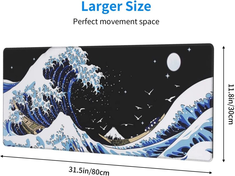 Tampă mouse-ul japonez albastru și negru Wave Covoraș de birou abstract albastru 31,5x11,8 inci Covoraș pentru mouse cu tastatură cu bază de cauciuc anti-alunecare