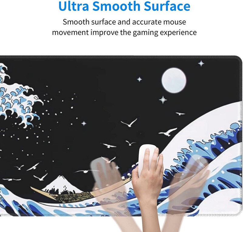 Tampă mouse-ul japonez albastru și negru Wave Covoraș de birou abstract albastru 31,5x11,8 inci Covoraș pentru mouse cu tastatură cu bază de cauciuc anti-alunecare