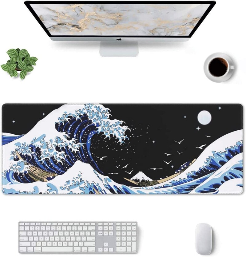 Tampă mouse-ul japonez albastru și negru Wave Covoraș de birou abstract albastru 31,5x11,8 inci Covoraș pentru mouse cu tastatură cu bază de cauciuc anti-alunecare