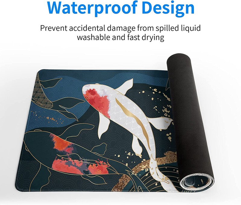 Koi Fish Art Mouse Pad pentru jocuri japoneze Full Desk Mousepad extins, mare, antiderapant, cu bază de cauciuc pentru tastatură, cu margini cusute