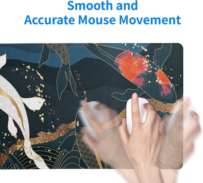 Koi Fish Art Mouse Pad pentru jocuri japoneze Full Desk Mousepad extins, mare, antiderapant, cu bază de cauciuc pentru tastatură, cu margini cusute