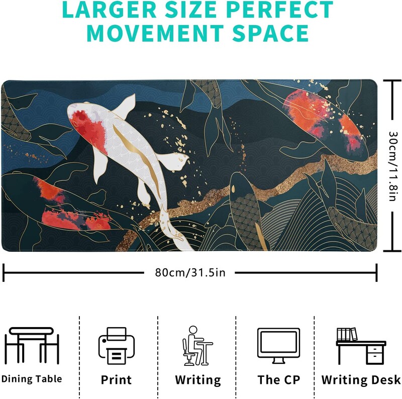 Koi Fish Art Mouse Pad pentru jocuri japoneze Full Desk Mousepad extins, mare, antiderapant, cu bază de cauciuc pentru tastatură, cu margini cusute