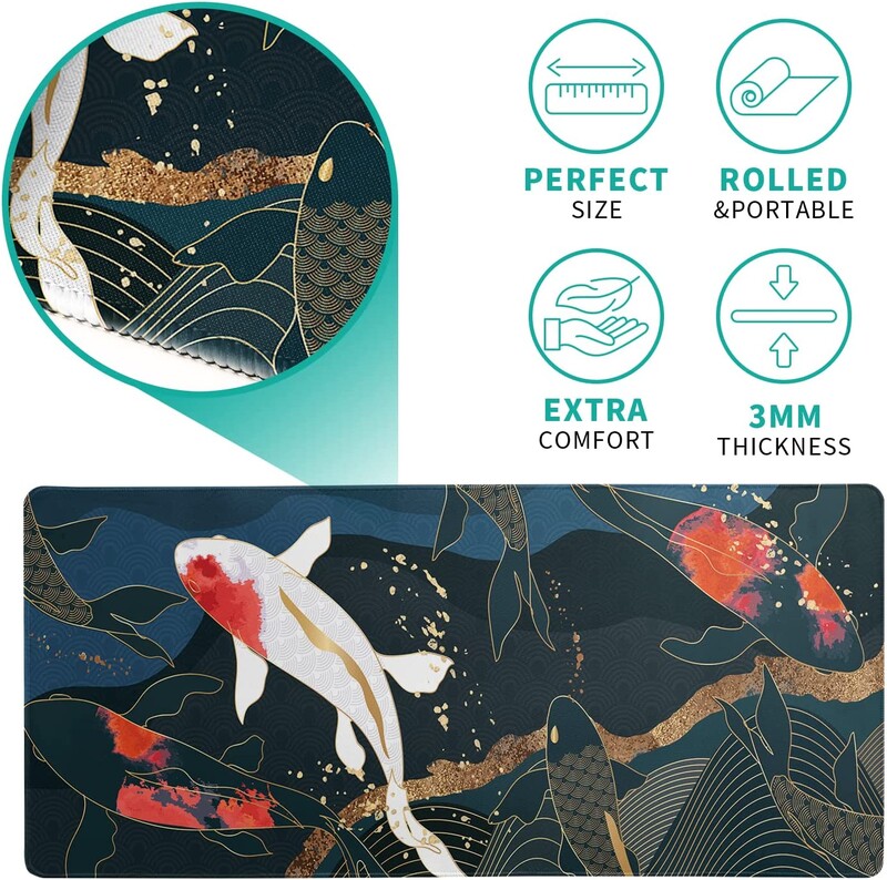 Koi Fish Art Mouse Pad pentru jocuri japoneze Full Desk Mousepad extins, mare, antiderapant, cu bază de cauciuc pentru tastatură, cu margini cusute