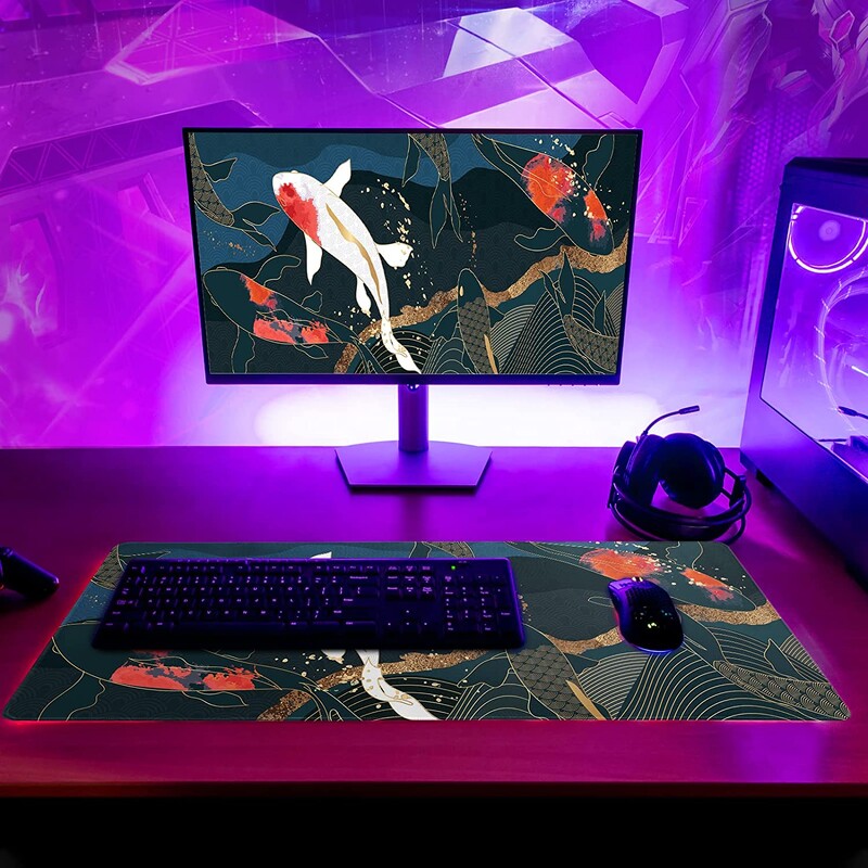 Koi Fish Art Mouse Pad pentru jocuri japoneze Full Desk Mousepad extins, mare, antiderapant, cu bază de cauciuc pentru tastatură, cu margini cusute