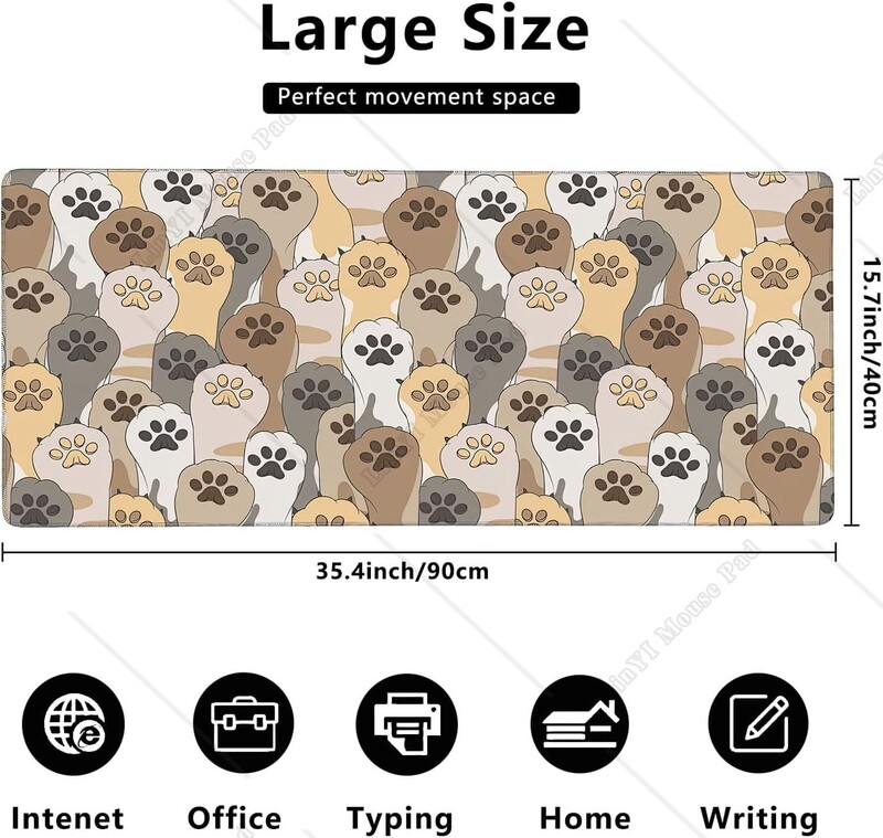 Mouse Pad pentru jocuri Kawaii Cute Cats Footprint cu bază de cauciuc anti-alunecare și margini cusute Covoraș pentru birou 35,4 * 15,7 inci