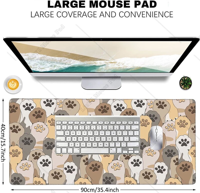 Mouse Pad pentru jocuri Kawaii Cute Cats Footprint cu bază de cauciuc anti-alunecare și margini cusute Covoraș pentru birou 35,4 * 15,7 inci