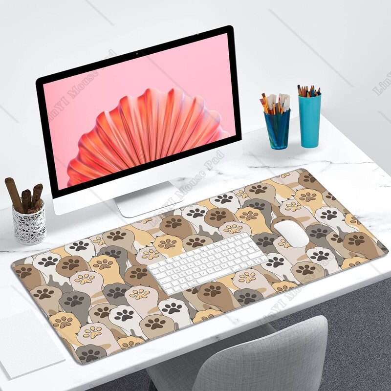 Mouse Pad pentru jocuri Kawaii Cute Cats Footprint cu bază de cauciuc anti-alunecare și margini cusute Covoraș pentru birou 35,4 * 15,7 inci