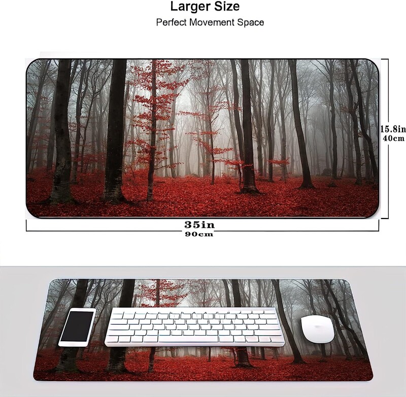 Mouse Pad pentru jocuri de toamnă Foggy Forest pentru tastatură de birou cu bază anti-alunecare cu margini cusute Mousepad 35``×15.7``inch