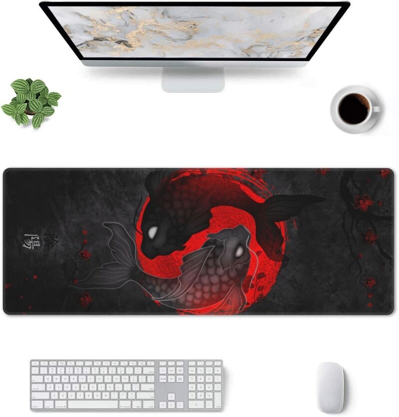 Tampă de mouse japoneză Yin și Yang Koi Carp Gaming XL Tampă de mouse cu bază de cauciuc antiderapante Cu margini cusute Pad de birou 31,5 X 11,8 inci