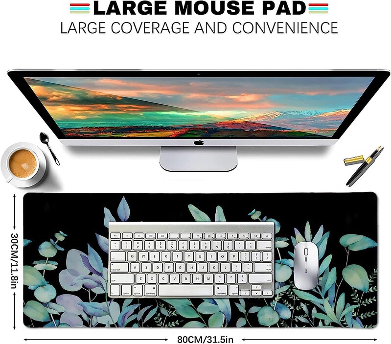 Covoraș de birou Green Leaf Tampă de mouse pentru jocuri cu plante botanice Tampă mouse lungă XL neagră pentru laptop, computer, birou, acasă, 31,5 x 11,8 inci