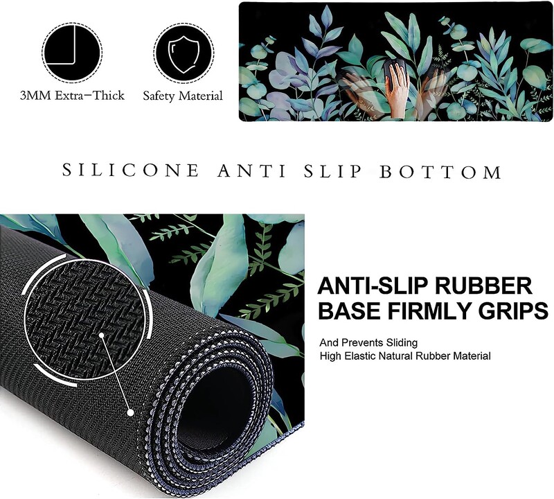 Covoraș de birou Green Leaf Tampă de mouse pentru jocuri cu plante botanice Tampă mouse lungă XL neagră pentru laptop, computer, birou, acasă, 31,5 x 11,8 inci