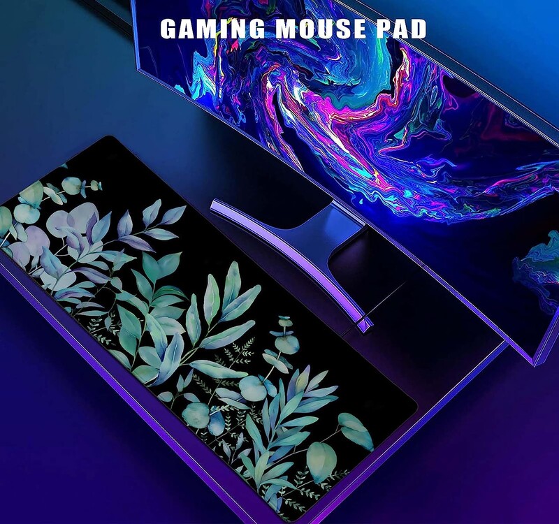 Covoraș de birou Green Leaf Tampă de mouse pentru jocuri cu plante botanice Tampă mouse lungă XL neagră pentru laptop, computer, birou, acasă, 31,5 x 11,8 inci