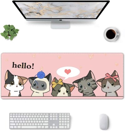 Pink Cat Gaming Mouse Pad Nagy, meghosszabbított, vicces irodai XXL íróasztal szőnyeg az asztal tetején billentyűzethez és egérhez 31,5 x 11,8 hüvelyk