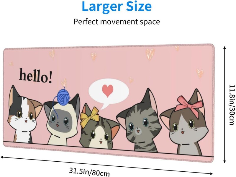 Pink Cat Gaming Mouse Pad Covoraș lung pentru birou, extins și amuzant, XXL pe partea de sus a birourilor pentru tastatură și mouse 31,5 X 11,8 inci