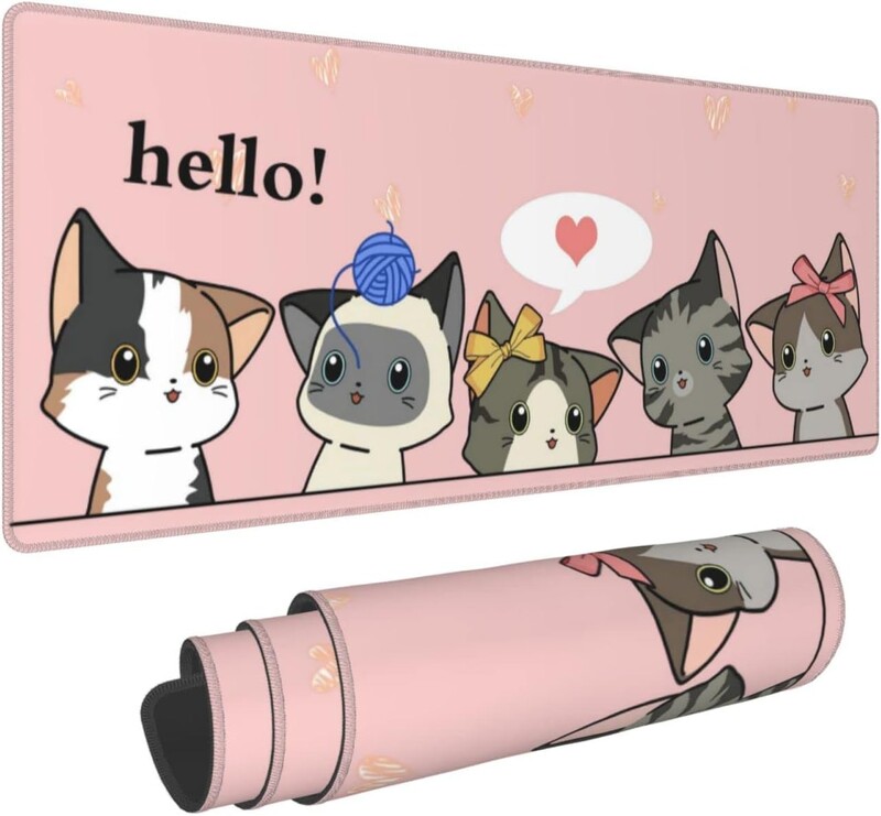 Pink Cat Gaming Mouse Pad Covoraș lung pentru birou, extins și amuzant, XXL pe partea de sus a birourilor pentru tastatură și mouse 31,5 X 11,8 inci