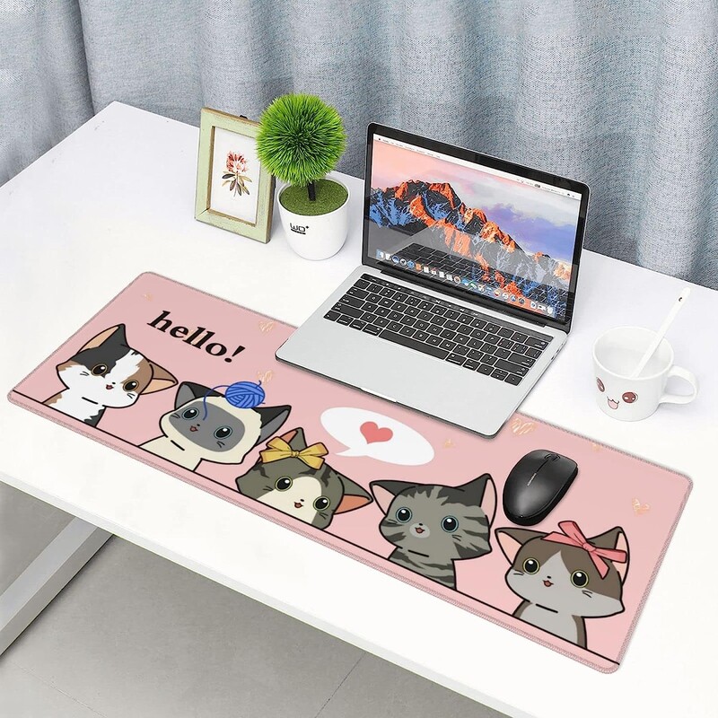 Pink Cat Gaming Mouse Pad Covoraș lung pentru birou, extins și amuzant, XXL pe partea de sus a birourilor pentru tastatură și mouse 31,5 X 11,8 inci