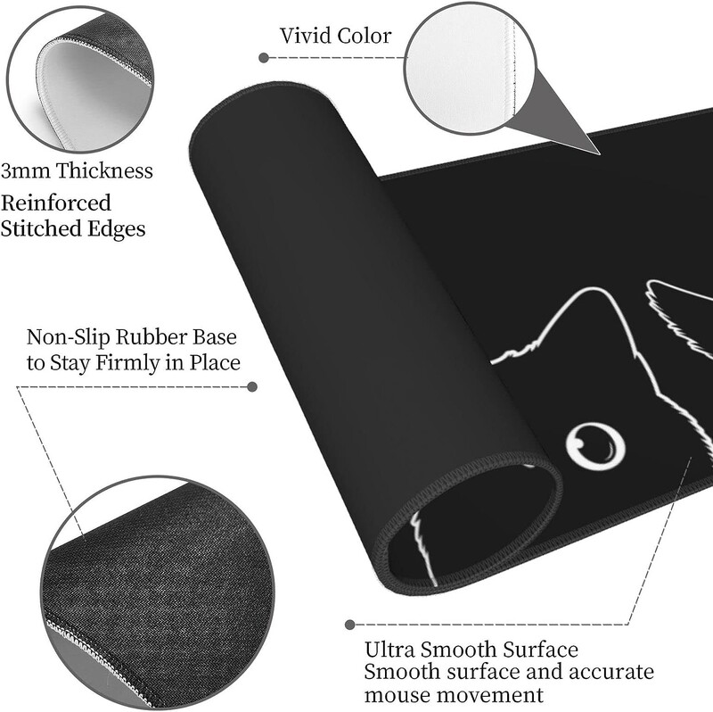 Tampă de mouse drăguță pentru jocuri cu pisică neagră Tampă de mouse anti-alunecare din cauciuc cu margini cusute Covoraș de mouse impermeabil pentru birou 31,5" x 11,8"