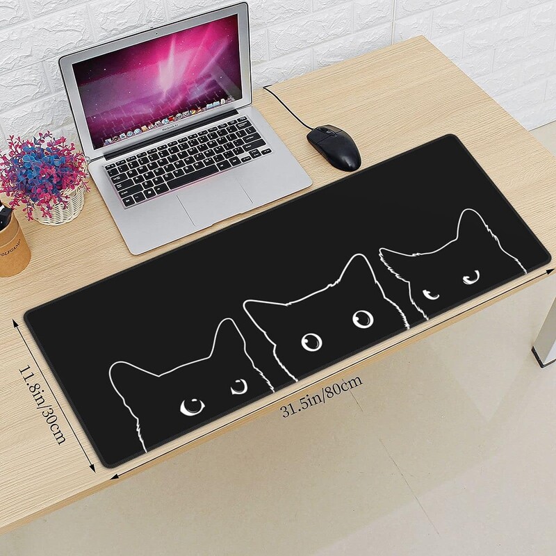 Tampă de mouse drăguță pentru jocuri cu pisică neagră Tampă de mouse anti-alunecare din cauciuc cu margini cusute Covoraș de mouse impermeabil pentru birou 31,5" x 11,8"