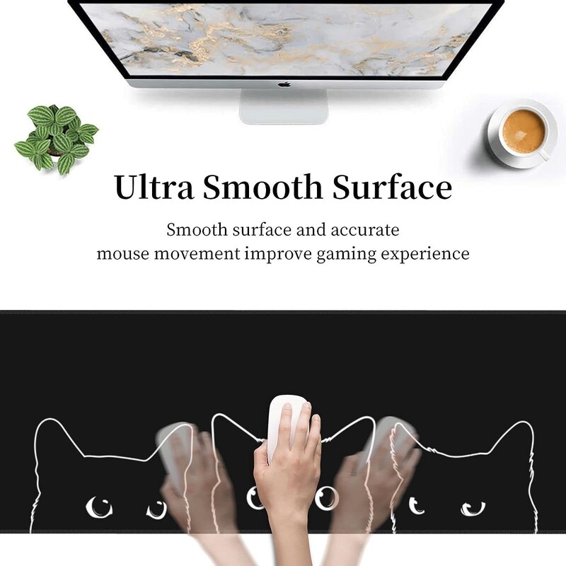 Tampă de mouse drăguță pentru jocuri cu pisică neagră Tampă de mouse anti-alunecare din cauciuc cu margini cusute Covoraș de mouse impermeabil pentru birou 31,5" x 11,8"