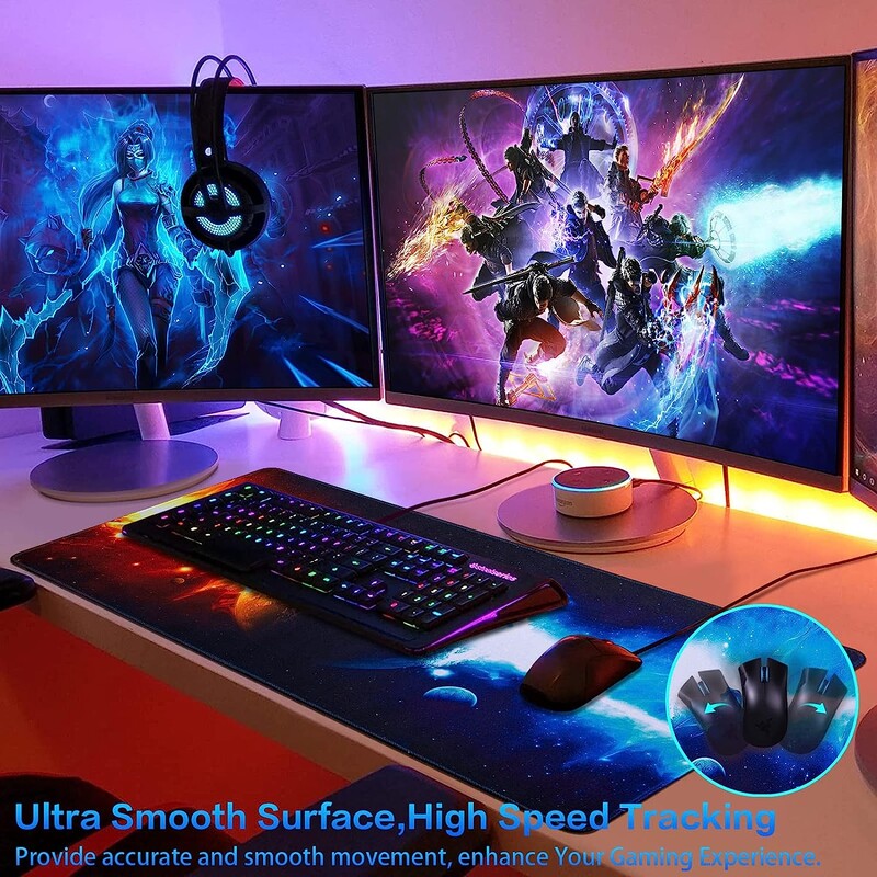 Stâlpi de lumină roșie și albastră care atacă planeta Mouse Pad Mouse Pad 31,5x11,8 inchi XXL cu bază de cauciuc anti-alunecare margine cusută