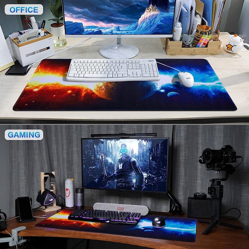 Stâlpi de lumină roșie și albastră care atacă planeta Mouse Pad Mouse Pad 31,5x11,8 inchi XXL cu bază de cauciuc anti-alunecare margine cusută