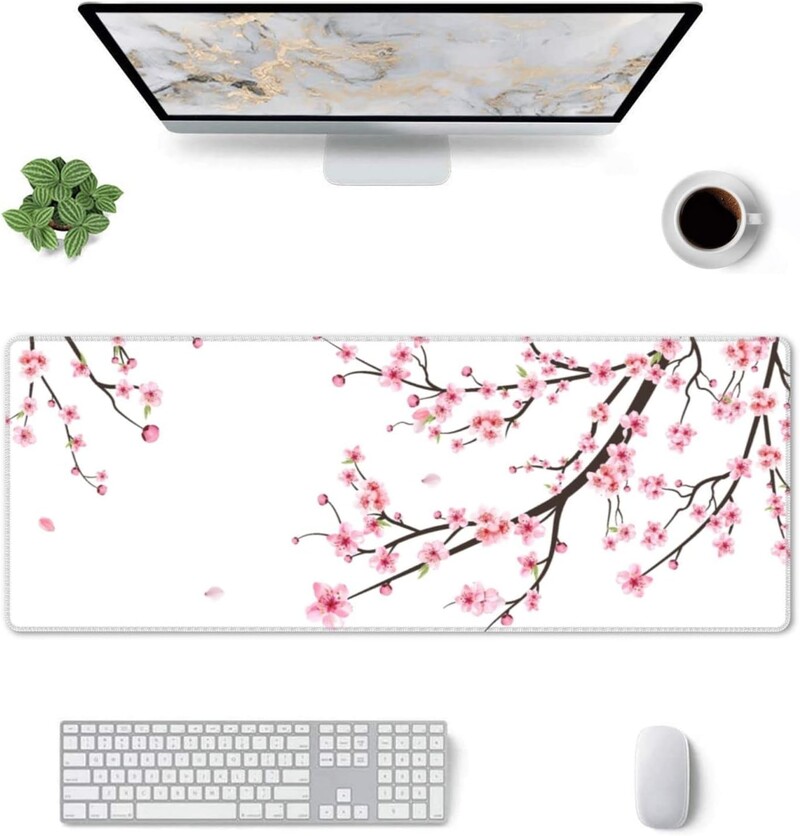 Mouse Pad pentru gaming Cherry Pink pentru birou, tastatura, laptop, antiderapant, baza din cauciuc, mousepad XXL, cu margini cusute, 31,5 x 11,8 inchi