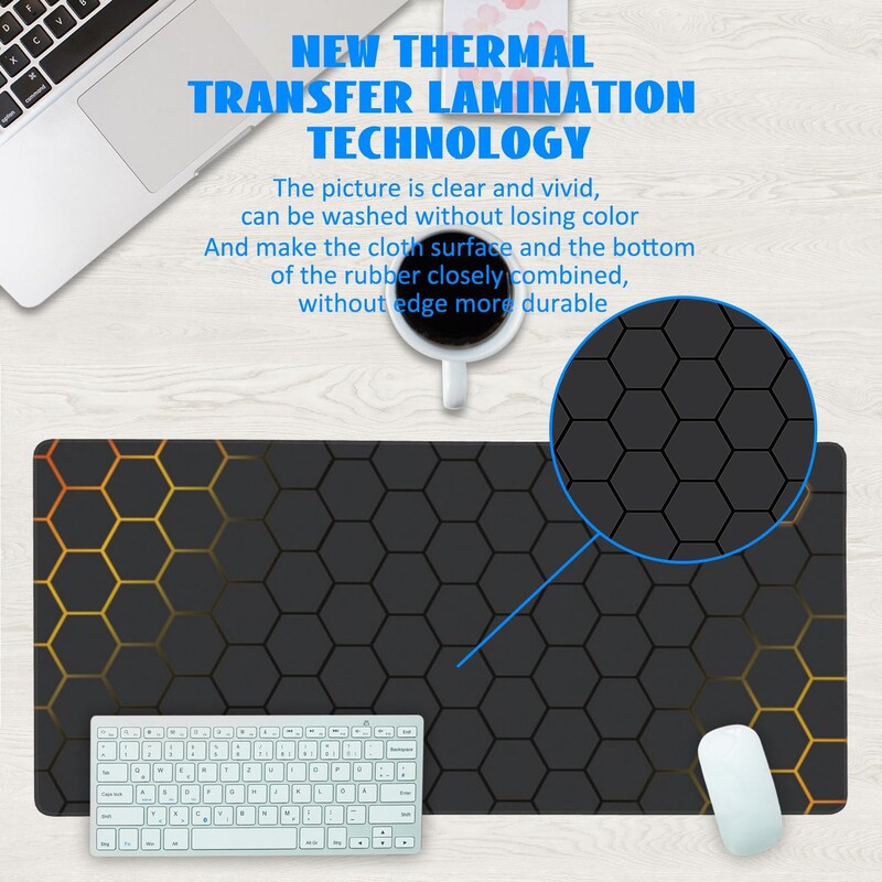 Mouse Pad pentru jocuri cu tehnologie Honeycomb Black Gold 35,4"x15,7" cu margine cusuta la baza anti-alunecare pentru munca la birou la domiciliu