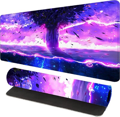 Egérpad Gaming XXL Fantasy Tree Lila Anime egéralátét csúszásmentes nagyméretű számítógépes billentyűzet szőnyeg varrott élekkel 30x80cm