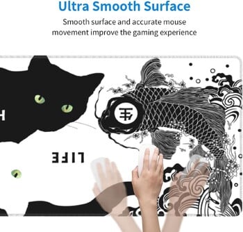 Black White Cat Koi Fish Gaming Mouse Pad 31,5 × 11,8 ιντσών Μεγάλο ποντίκι, αντιολισθητικό, λαστιχένιο μαξιλαράκι γραφείου για οικιακό υπολογιστή γραφείου