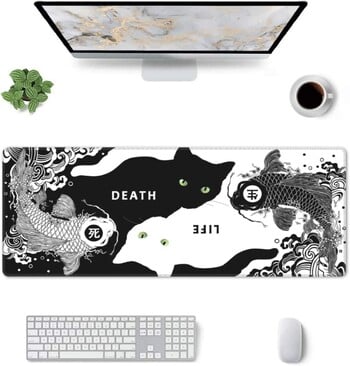 Black White Cat Koi Fish Gaming Mouse Pad 31,5 × 11,8 ιντσών Μεγάλο ποντίκι, αντιολισθητικό, λαστιχένιο μαξιλαράκι γραφείου για οικιακό υπολογιστή γραφείου