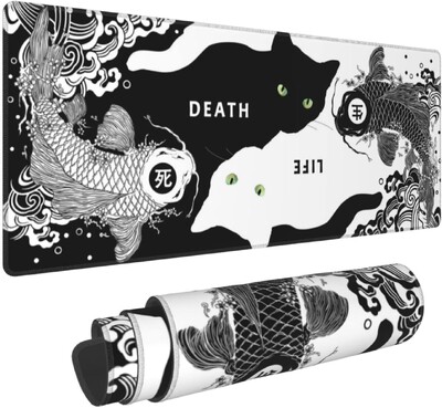 Black White Cat Koi Fish Gaming egéralátét 31,5 × 11,8 hüvelykes nagyméretű egéralátét, csúszásmentes gumi íróasztal otthoni számítógépes irodába