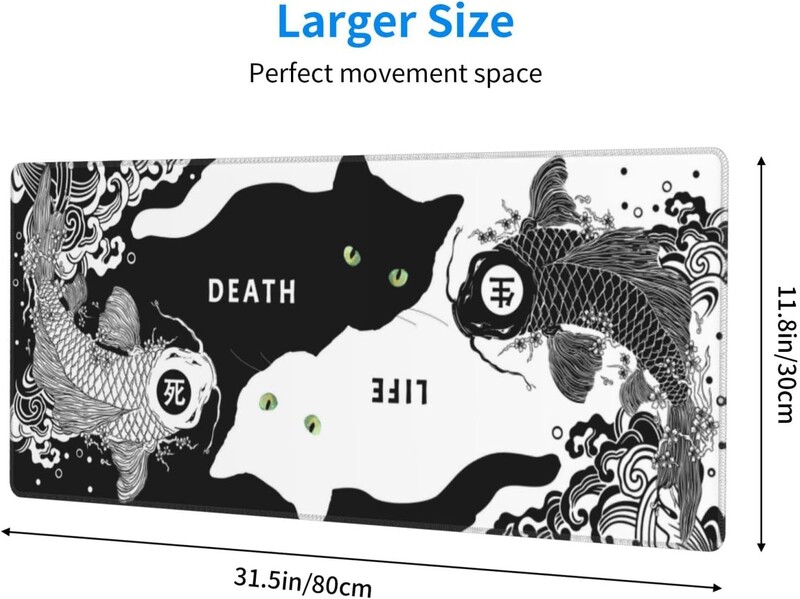 Pisică albă neagră Koi Fish Gaming Mouse Pad 31,5 × 11,8 inci Covoraș mare de mouse Pad antiderapant din cauciuc pentru birou pentru computer acasă