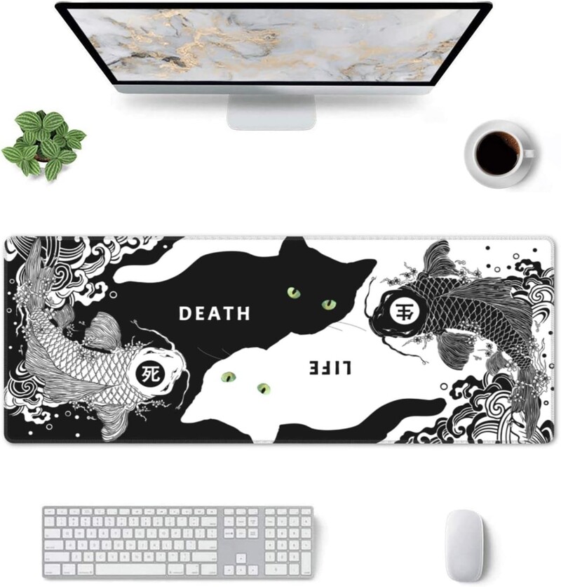 Pisică albă neagră Koi Fish Gaming Mouse Pad 31,5 × 11,8 inci Covoraș mare de mouse Pad antiderapant din cauciuc pentru birou pentru computer acasă